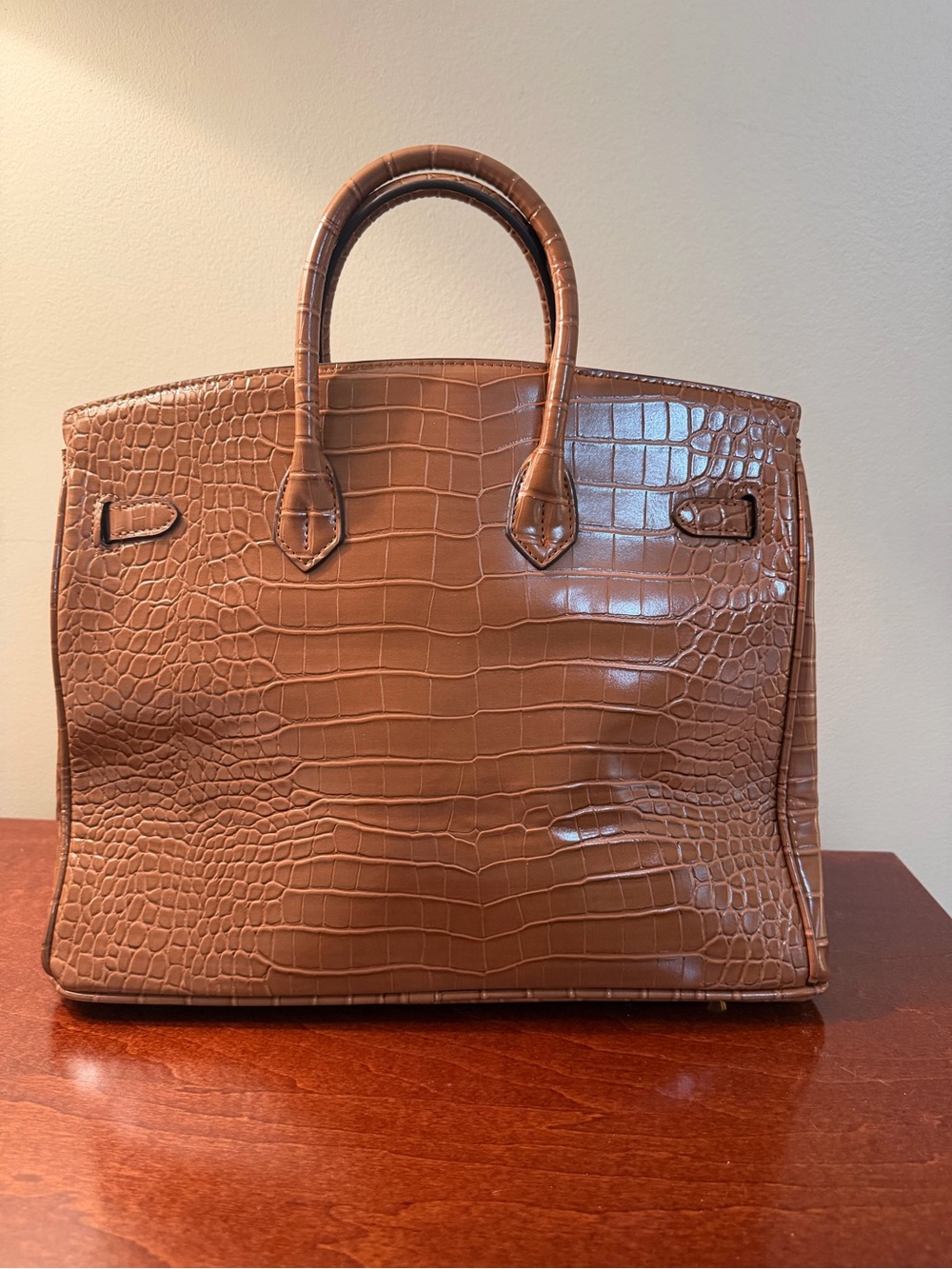 Croc-Embossed Structured Satchel in Brown - Picture 2 of 8